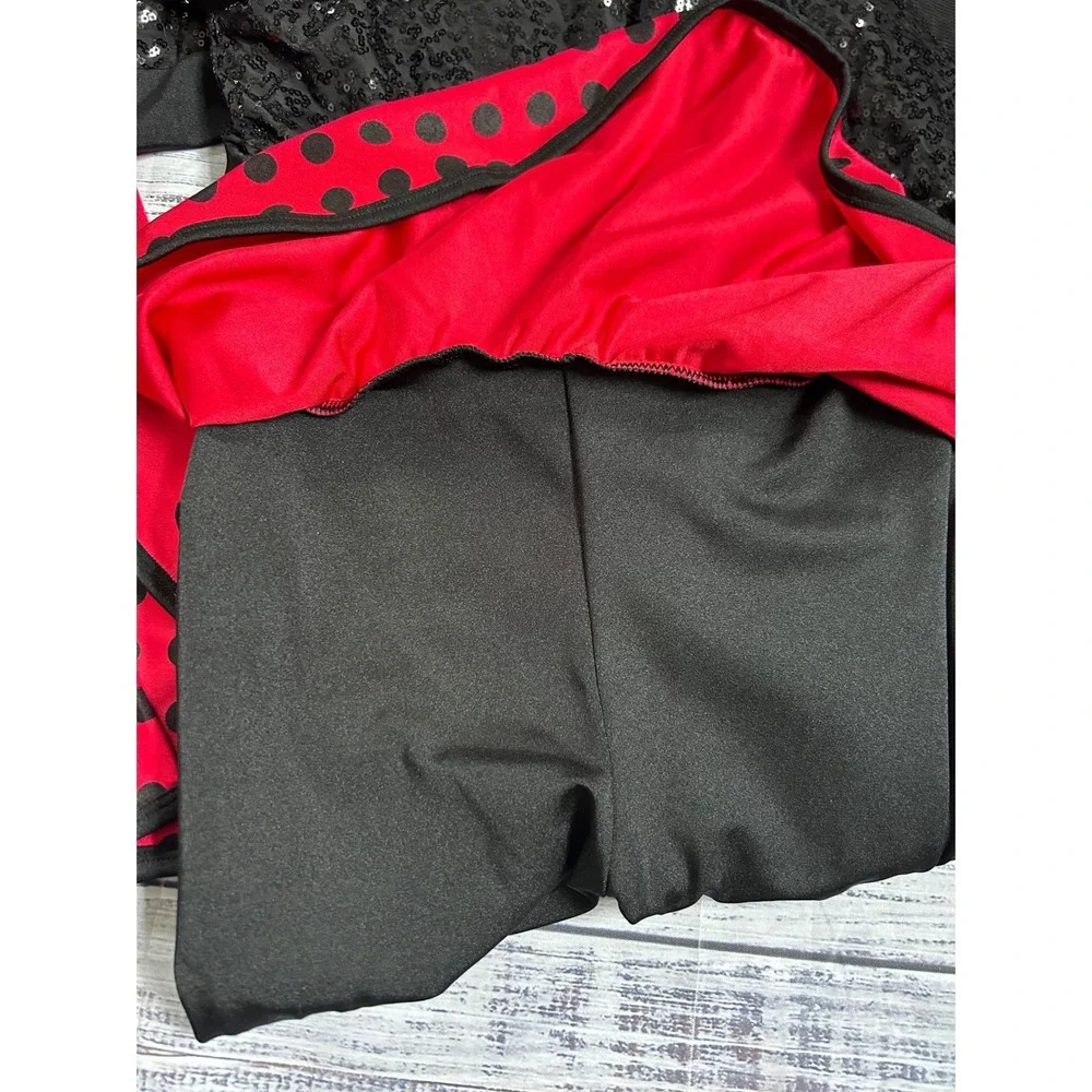 Dance Curtain Call Costume CLA CXL Red Black Polka Dot Sequin Recital H003 2 NEW